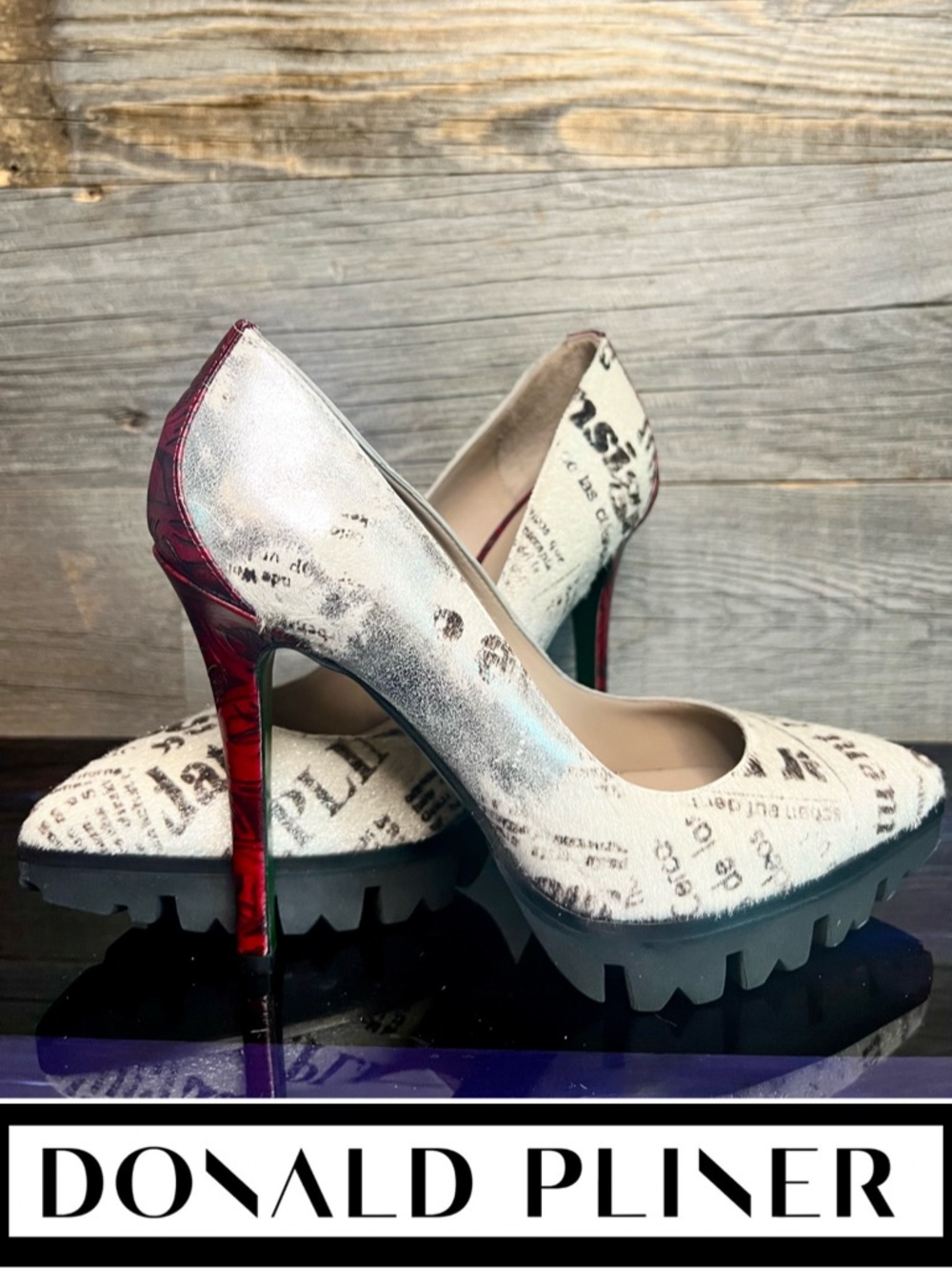Pony Hair Newsprint Pointed-Toe Pumps, Red Flower Heel, Silver, Donald Pliner
